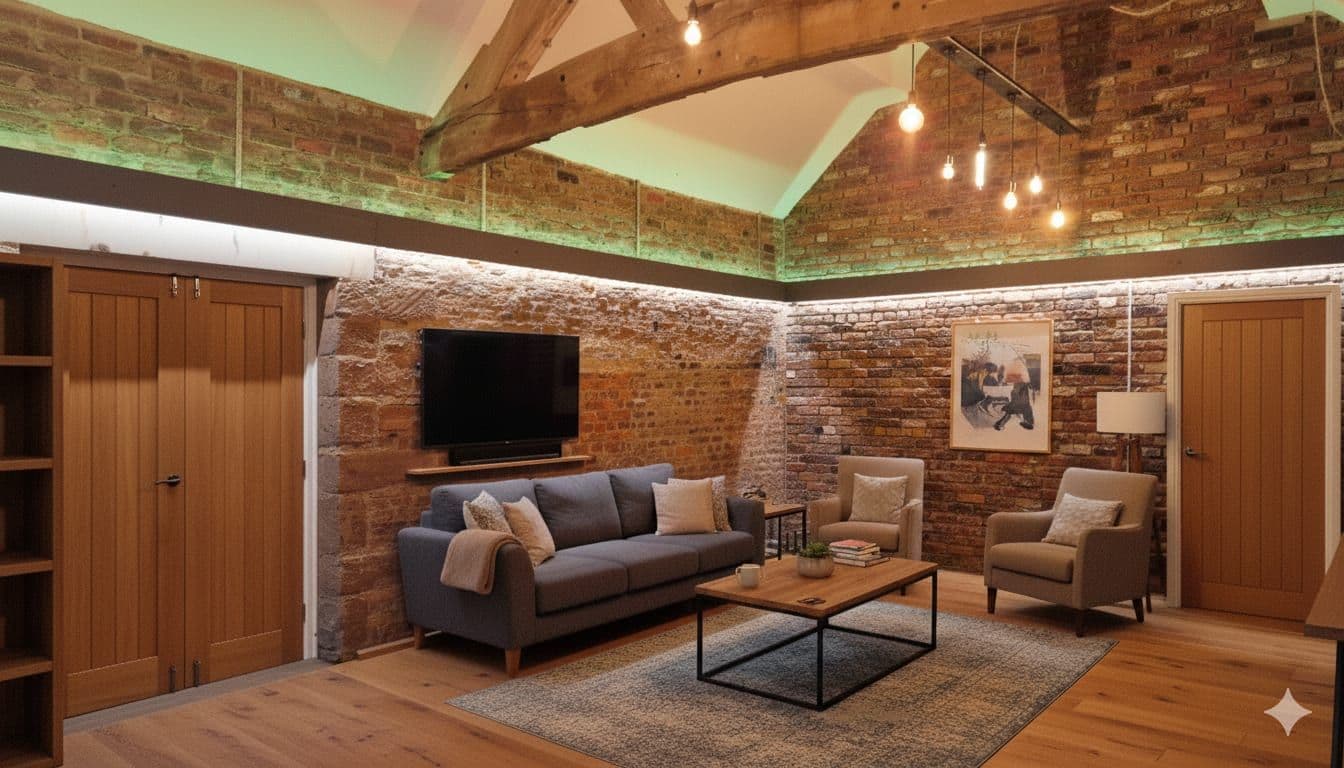 Exposed brickwork inside The Barn House