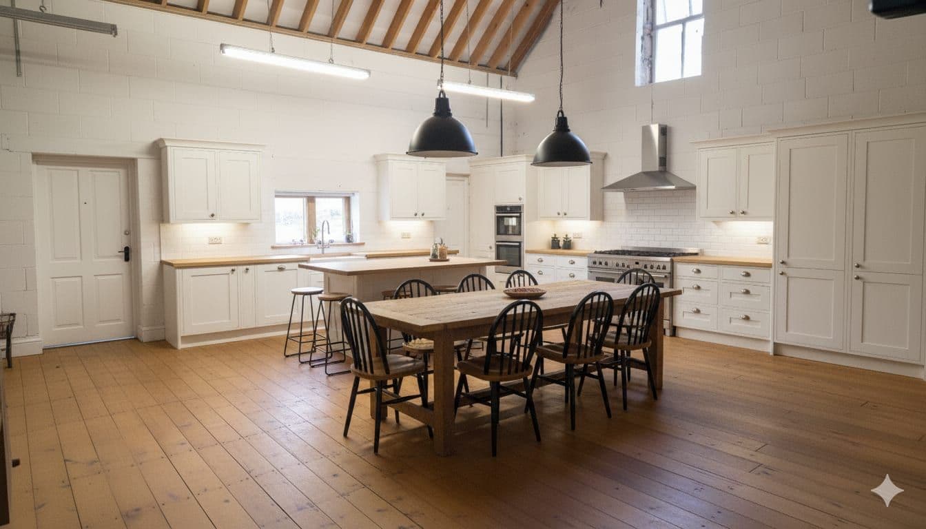 High ceilings and original character in The Barn House